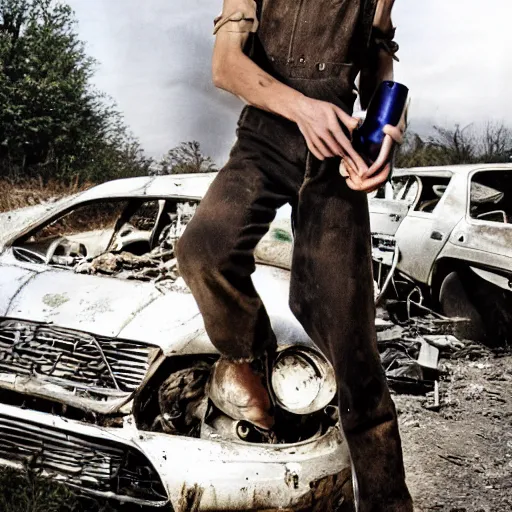 Image similar to a skinny high-fantasy elf with a long face narrow chin and spiky blonde hair wearing dark brown overalls and holding a bomb next to a destroyed car, gel spiked hair, high resolution film still, HDR color