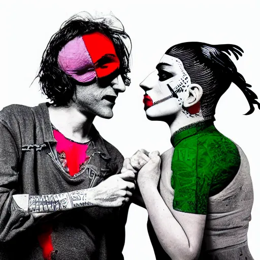 Prompt: mimmo rottela and banksy as joaquin phoenix skinny joker holding hand lady gaga harley queen, photorealistic, intricate details, pop art style, concept art, confident, love, random object movement, 3 colors, 4 k, 4 d, ultra smooth, sharp focus