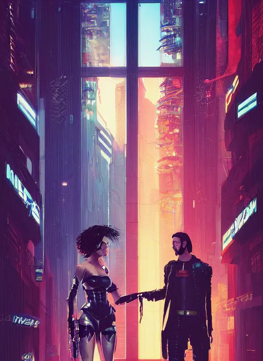 Image similar to a cyberpunk 2077 couple portrait of Keanu Reeves&female android in kiss,love,film lighting,by Laurie Greasley,Lawrence Alma-Tadema,Dan Mumford,artstation,deviantart,FAN ART,full of color,Digital painting,face enhance,highly detailed,8K,octane,golden ratio,cinematic lighting