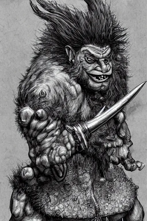 Image similar to hunched troll with a horn on his head, fantasy, highly detailed, digital art, sharp focus, trending on art station, kentaro miura manga art style