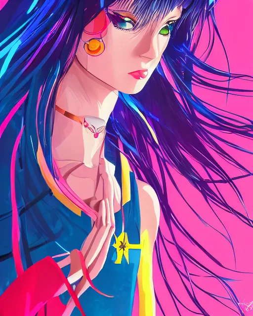 Image similar to poster woman with futuristic streetwear and long hair, colourful, pretty face, intricate eyes, elegant, Anime by Roset Conrad Sailor Moon Kuvshinov Ilya 4k, HDR, Graphic Design, Behance Trending on artstation, award winning