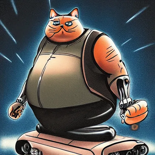 Image similar to Cute digital art depicting a fat cat as The Terminator (1984), glowing eyes