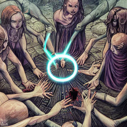 Prompt: acolytes using demonic summoning circle to summon a demon. incredible detail. by magali villeneuve and by wlop