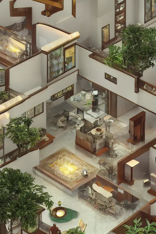 Prompt: isometric interior of a sri lankan luxury condominium with minimalist furniture and lush house plants by craig mullins, thomas kinkade and frank lloyd wright