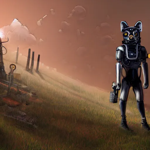 Prompt: photorealistic anthropomorphic shiba inu on hill, wearing cyber robotic black exoskeleton power armor without helmet, holding laser gatling gun, post apocalyptic horror photorealistic foggy graveyard background anthropomorphic shiba inu on hill