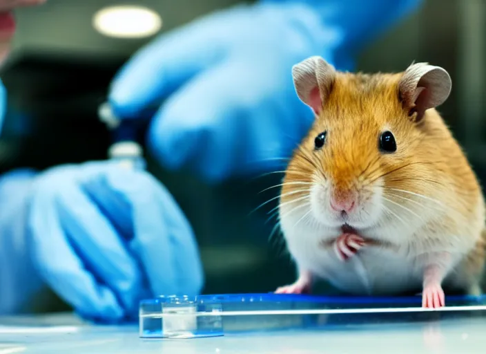 Image similar to film still of a hamster working in a research lab finding the cure for cancer, 8 k