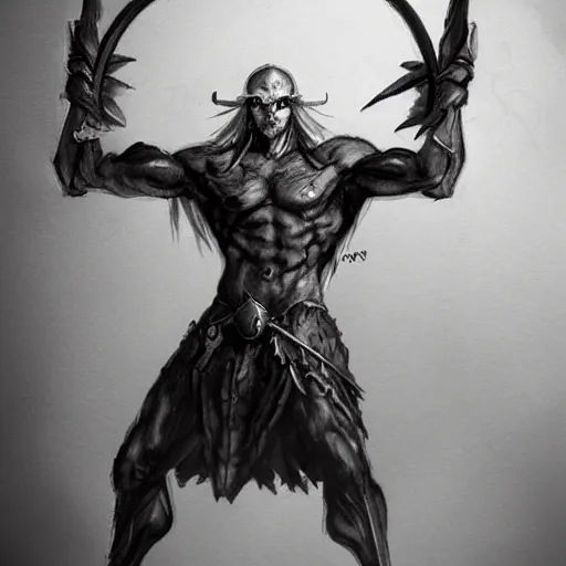 Prompt: concept art sketch, demonic muscular shirtless male night elf blindfolded with a black ponytail. in one hand he holds a flaming skull, in the other hand he holds an ornate enchanted scythe. trending on artstation, high quality concept art hand drawing