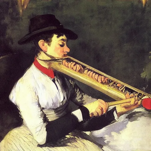 Image similar to an oil painting of a rich flute player by Manet