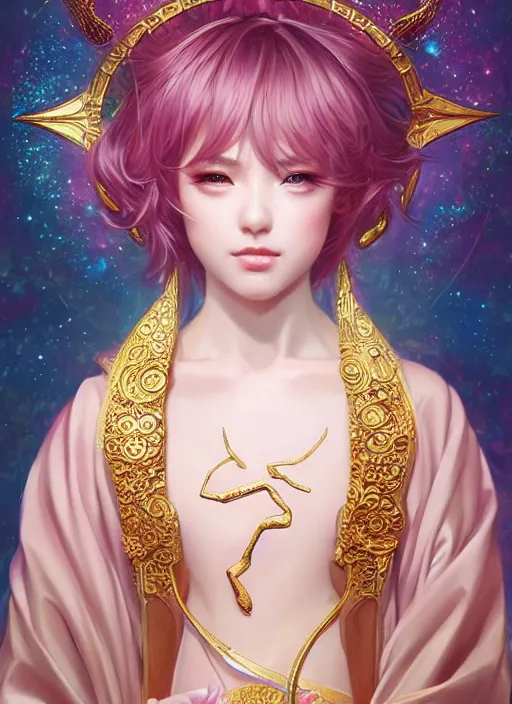 Image similar to dreamlike luxury stunning zodiac aquarius god portrait, pale pink and gold kimono, art by artgerm, wlop, loish, ilya kuvshinov, 8 k realistic, hyperdetailed, beautiful lighting, detailed background, depth of field, symmetrical face, frostbite 3 engine, cryengine,