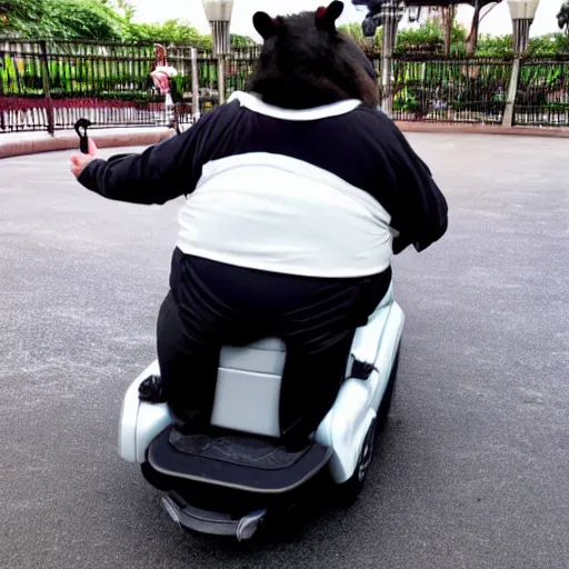 Prompt: a morbidly obese rat!!!!!!!!!!!!! riding a mobility scooter at disneyworld, photo