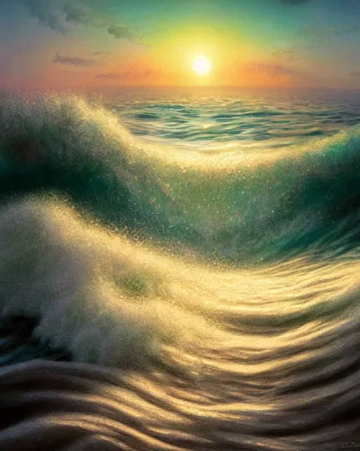 Image similar to sea with huge tsunami rolling waves, shore, sunset, hyper realistic, artstation, illustration, nicoletta ceccoli, mark ryden, lostfish, dan decarlo, bob clampett, max fleischer, digital paint, matte paint, vivid colors, detailed and intricate environment