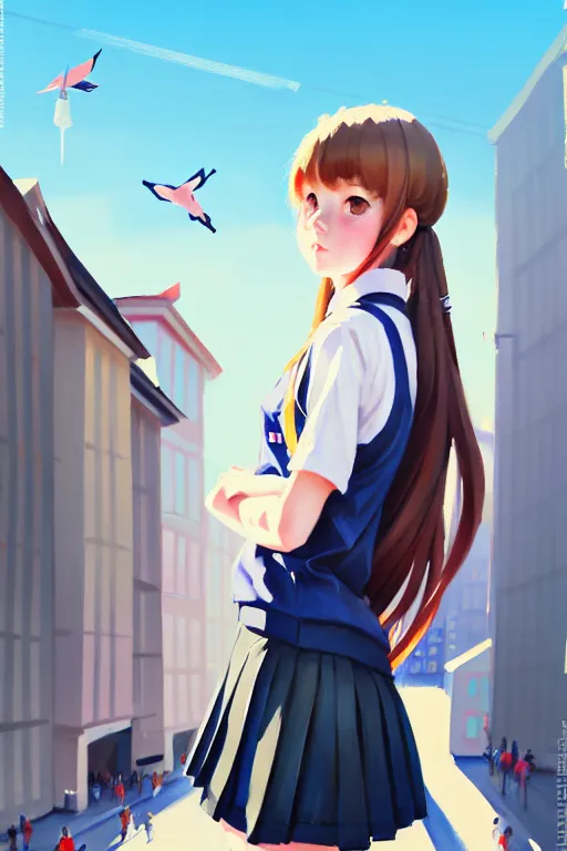 Prompt: gouache of a cute girl wearing school uniform standing in the city which seem small, bird's eye view, 8 k wallpaper, strong brush stroke, very high detailed, sharp focus, illustration, morandi color scheme, art station, by krenz cushart