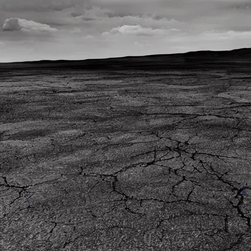 Image similar to a desolate plain with scorched earth, realistic, moody and dark