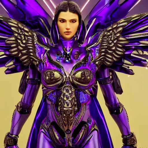 Image similar to a photo of 8k ultra realistic archangel with 6 wings, full body, intricate purple and blue neon armor, ornate, cinematic lighting, trending on artstation, 4k, hyperrealistic, focused, high details, unreal engine 5, cinematic