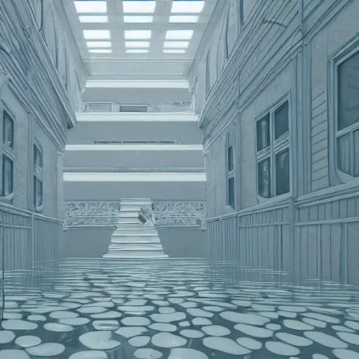 Image similar to a flood of slime in a bright white hallway with many doors and many stairs, Mc Escher architecture, epic composition, by Makoto Shinkai