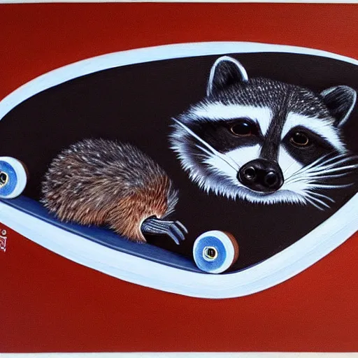 Prompt: detailed painting of a raccoon riding a skateboard