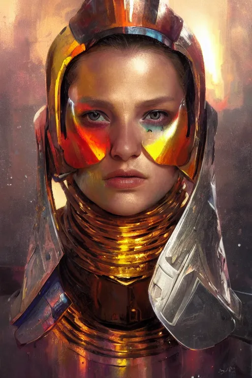 Prompt: head and shoulders portrait of a female knight, sci - fi portrait, oil painting, colourful, by justin sweet and greg rutkowski and alphones much