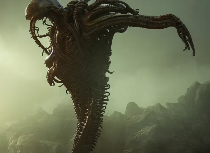 Prompt: sigourney weaver as a xenomorphic alien queen, twisting organic tendrils, haze, highly detailed hyper real, retro futuristic, volumetric interior lighting, artstation, unreal engine render 8 k greg rutkowski