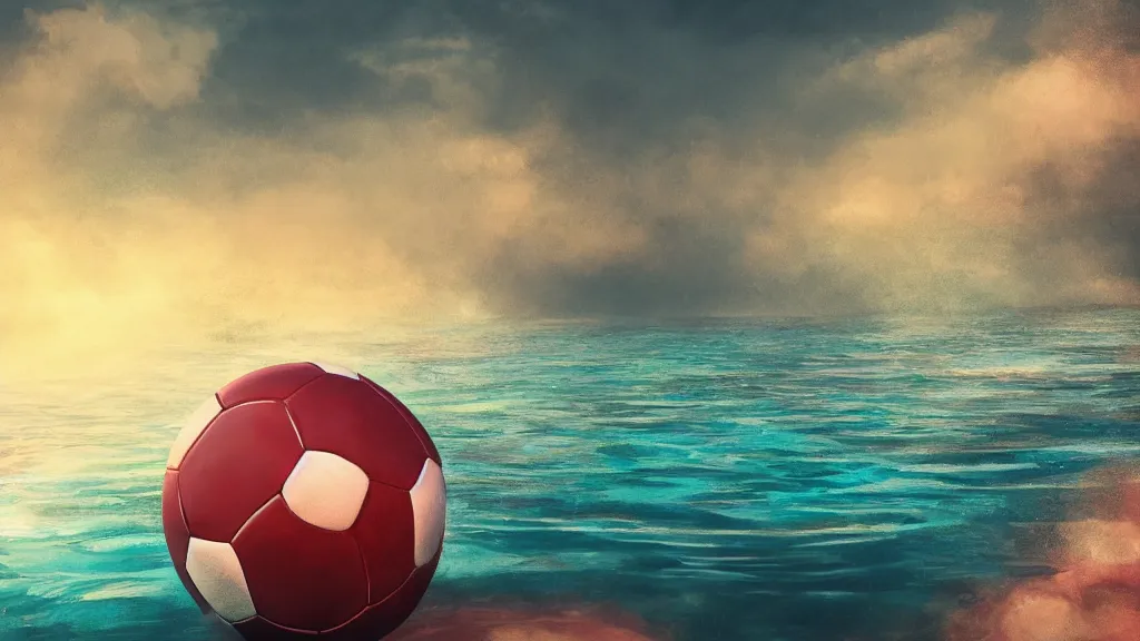 Image similar to a 3D render of football floating in the ocean near an island, high contrast, highly detailed, sharp focus, digital painting, 3D art, illustration, trending on artstation,