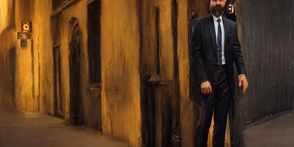 Image similar to beautiful oil matte portrait painting, bearded man in a suit leaning back against a wall in a new york city street at night, detailed face, wonderful masterpiece highly detailed, beautiful cinematic light deep focus, elegant, digital painting, smooth, sharp focus, golden ratio, dramatic illumination, ultra realistic, 8 k, art by jimmy law