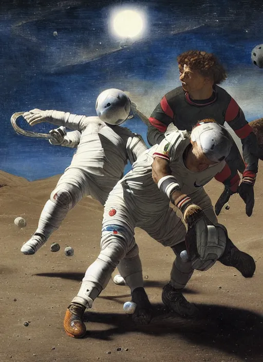 Prompt: a soccer match on the moon by edgar maxence and caravaggio and michael whelan and delacroix style, artistic, intricate painting, cinematic lighting, hyper realistic, extremely detailed, establishing shot, 8 k resolution, dramatic lighting