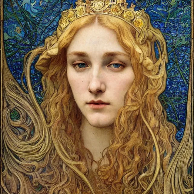 Image similar to detailed realistic beautiful young medieval queen face portrait by jean delville, alphonse mucha, vincent van gogh, and marco mazzoni, art nouveau, symbolist, visionary, gothic, pre - raphaelite