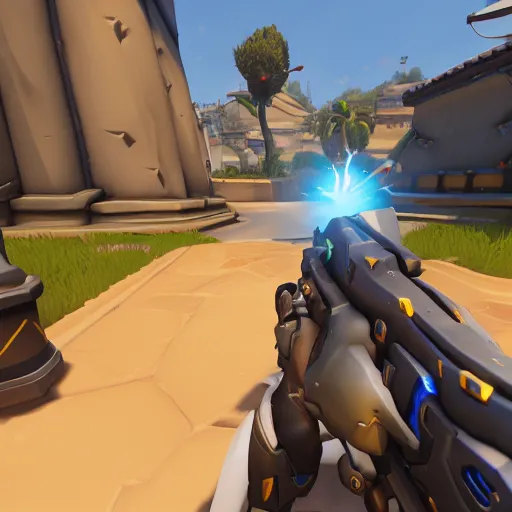 Image similar to screenshot from a game of overwatch, first person, coherent