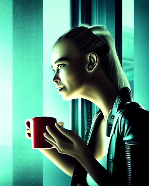 Prompt: a terminator cyborg lady with borg implants and a young human face is drinking coffee near a window with dystopian city visible outside. tiny green led lights in her cybernetics. very detailed 8 k. horror cyberpunk style.