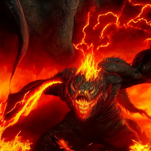 Prompt: a giant balrog from lord of the rings with a fiery whip, cinematic, very detailed, artstation, cgsociety, masterpiece