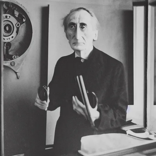 Prompt: underexposed photo of Marcel Duchamp in a room with an ancient machine, Kodachrome, Edward Weston and Gustave Doré and Hito Steyerl, archival pigment print, contemporary art
