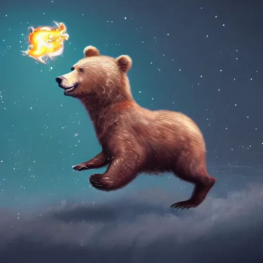 Prompt: a bear running to catch a rocket ship that already launched, digital painting, fine detail, matte finish, 4 k