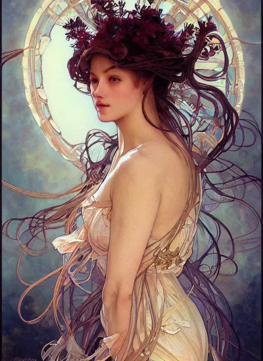 Image similar to a beautiful woman in a dress shaped like a jellyfish. beautiful highly detailed face. painting by artgerm and greg rutkowski and alphonse mucha.