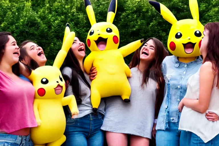 Prompt: a group of young woman are crowded around a life size pikachu and they looking directly it and they are laughing at it