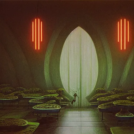 Prompt: 70s interior with arched windows, neon lighting, greenery, cyberpunk, dramatic, fantasy, by Moebius, by zdzisław beksiński, Fantasy LUT, epic composition,