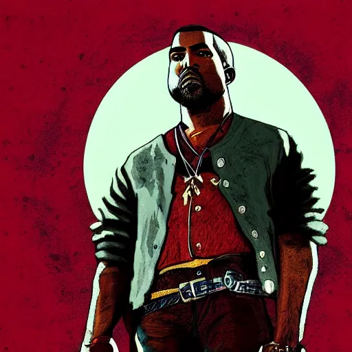 Image similar to kanye west in illustration red dead redemption 2 artwork of kanye west, in the style of red dead redemption 2 loading screen, by stephen bliss