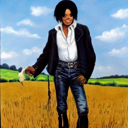 Prompt: Michael Jackson as a farmer from the 1600s standing in the middle of a field, realistic