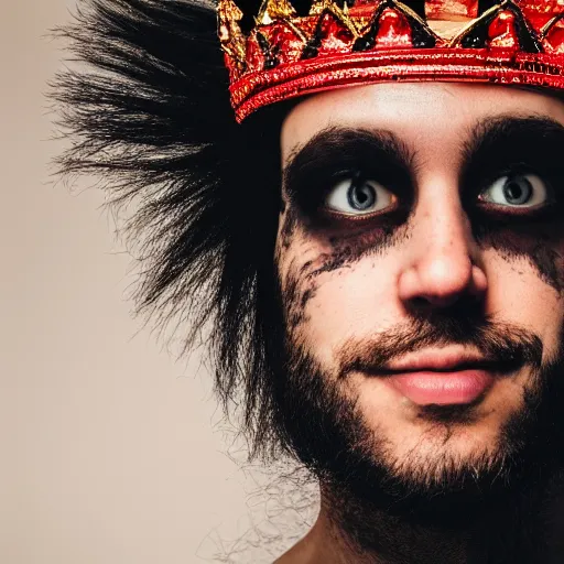 Image similar to man with a crown, smirk, photograph, black backgrounds, glowing red eyes