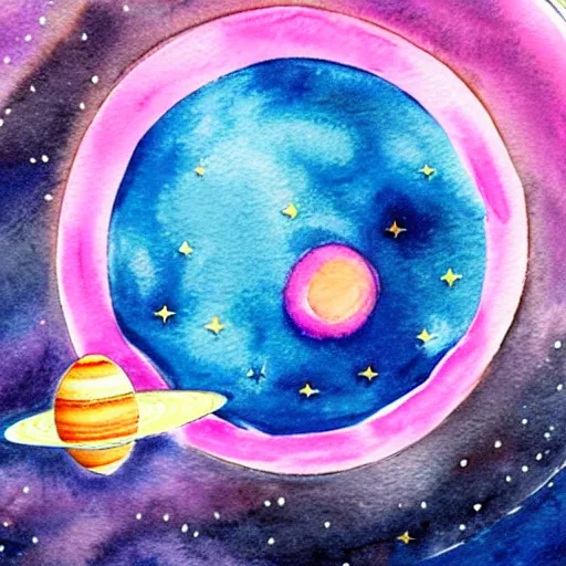 Image similar to a spaceship flying through a solarsystem in front of a pink planet, watercolor