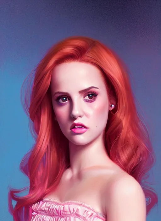 Image similar to full body portrait of teenage cheryl blossom, bangs, green eyes, sultry expression, red hair, sultry smirk, bangs and wavy hair, pink skirt, intricate, elegant, glowing lights, highly detailed, digital painting, artstation, concept art, smooth, sharp focus, illustration, art by wlop, mars ravelo and greg rutkowski