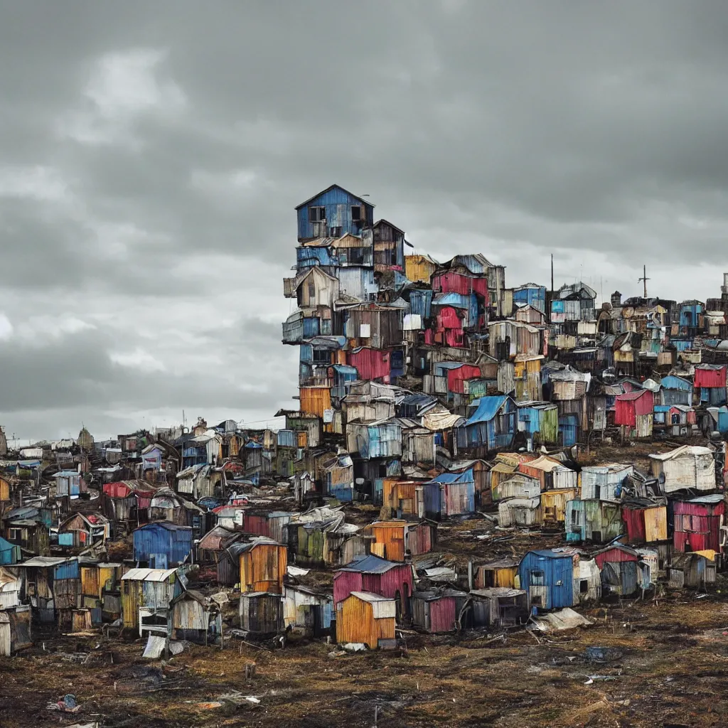 Image similar to towers made up of colourful makeshift squatter shacks, bleached colours, moody cloudy sky, dystopia, mamiya, very detailed, photographed by ansel aams