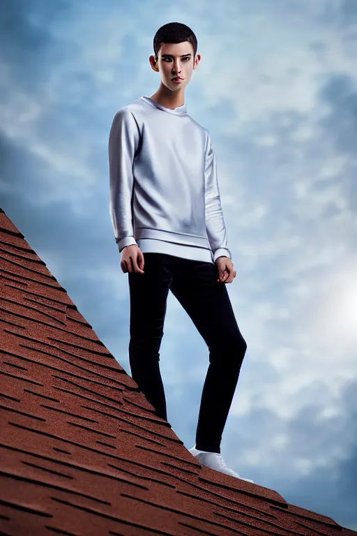 Image similar to un ultra high definition studio quality photographic art portrait of a young man standing on the rooftop of a british apartment building wearing soft padded silver pearlescent clothing. three point light. extremely detailed. golden ratio, ray tracing, volumetric light, shallow depth of field. set dressed.