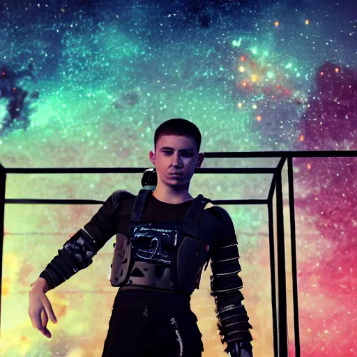 Image similar to A caucasian teenage boy wearing a black mesh crop top and black shorts standing in a mad max cage. The boy is surrounded by a colorful nebula. Cyberpunk, Digital Art, unreal engine 5, 50mm, f2.8
