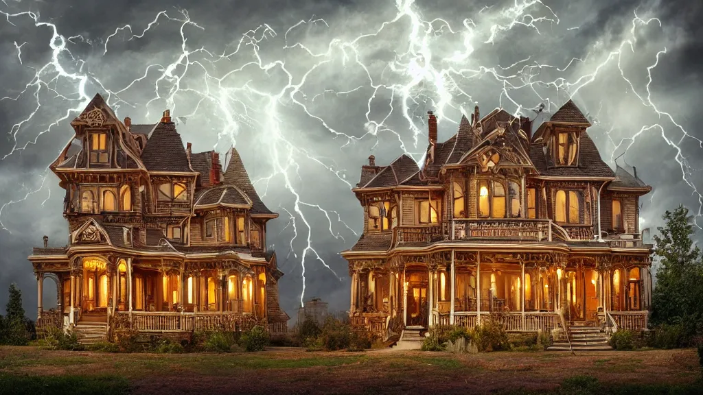 Prompt: richly decorated Victorian house, modern, beautiful, detailed wood, photorealistic, photorealism, ball lightning, lightning, clouds, smoke, storm, diffuse light, vivid cybernetics