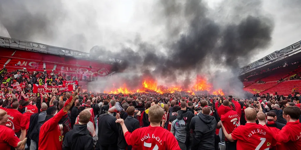 Prompt: old trafford theatre of dreams on fire during protest against the glazers, # glazersout, chaos, protest, banners, placards, burning, dark, ominous, pure evil, by stephen king, wide angle lens, 1 6 - 3 5 mm, symmetry, cinematic lighting