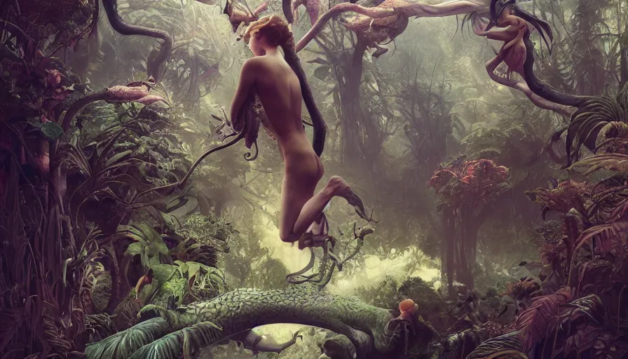 Prompt: Garden of Eden, Terrestrial Paradise, animals leaving in the paradise, creature design, insanely detailed and intricate, Charlie Bowater, Tom Bagshaw, Norman Rockwell, high resolution, photorealistic, octane rendered, unreal engine, illustration, trending on artstation, masterpiece, 8k