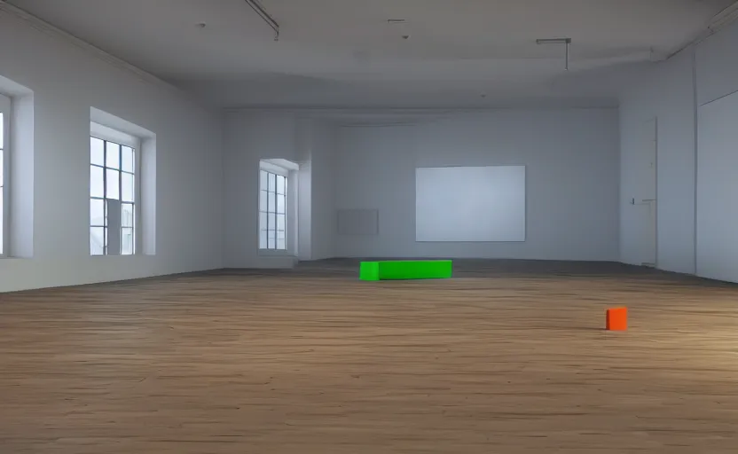 Image similar to empty room, big open floor, large colourful 3 d shapes, unreal engine and v - ray render.