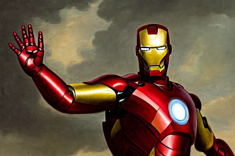 Prompt: iron man in the style of samuel johnson, meme, Sir Joshua Reynolds, 1775 oil painting, 8k, photorealistic brush strokes