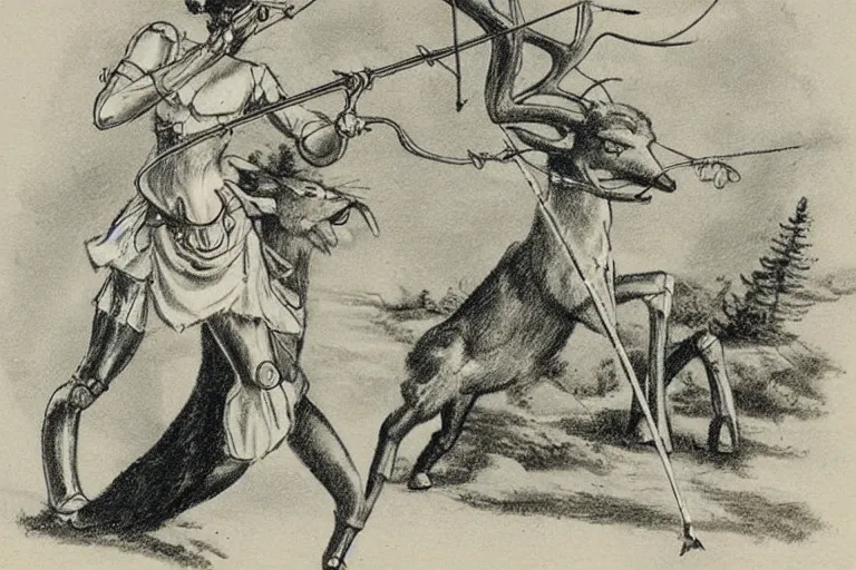 Image similar to Vintage, beautiful, sketch of the goddess artemis aiming a bow at a robot deer.