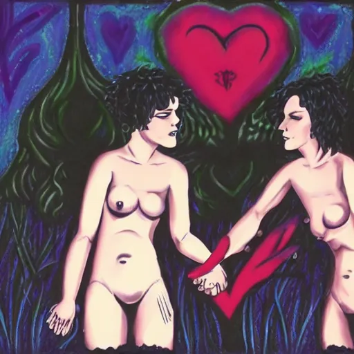 Prompt: stoic heroic emotionless blond butch tomboy woman holding hands with taller goth black - haired dark fae jennifer connelly, in love, romantic in romantic garden, mike mignogna, illustration, pen and ink, oil painting