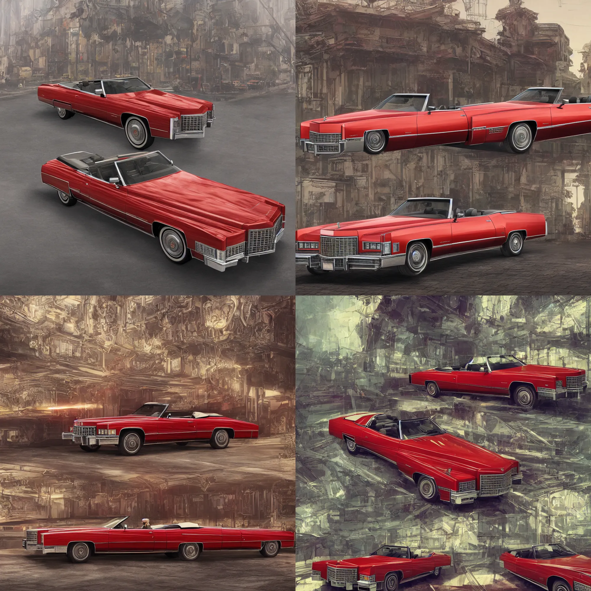 Prompt: imposing symmetrical picture, one single red 1975 cadillac eldorado convertible car as a grand theft auto 5 loading screen, symmetry, front view, intricate, studio, symmetry art by anthony macbain + greg rutkowski + alphonse mucha, concept art, 4k, sharp focus